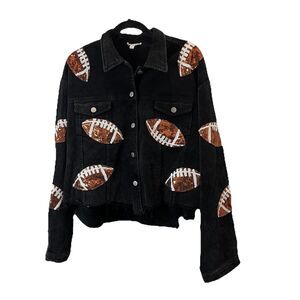 Bibi Black Corduroy Trucker Jacket Football Sequin Shacket Button Up Womens XL